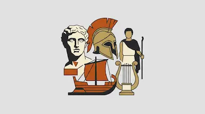 Flat illustration of a Greek bust, a Spartan helmet, a lyre, and a trireme ship on a light grey background.