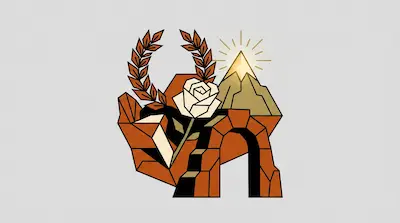 Geometric illustration of a white rose, a glowing mountain peak, and a laurel wreath over a stone archway
