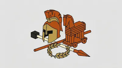 Flat illustration of a Spartan helmet, a wooden Trojan horse, a spear, and a laurel wreath on a light grey background