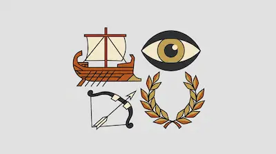 Flat illustration of a Greek trireme ship, a large eye, a bow with an arrow, and a laurel wreath on a gray background