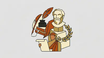 Flat illustration of a philosopher bust, a person reading a scroll, and writing quills on a light gray background