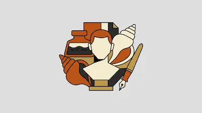 Flat illustration of a human bust surrounded by seashells, an inkwell, and a fountain pen on a gray background