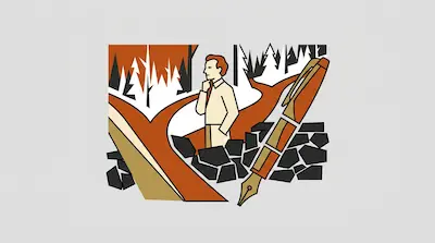Flat illustration of a man standing at a fork in a forest path next to a large fountain pen and a stone wall