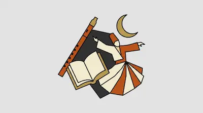 Flat illustration of a whirling dervish figure with an open book, a wooden flute, and a crescent moon on a grey background