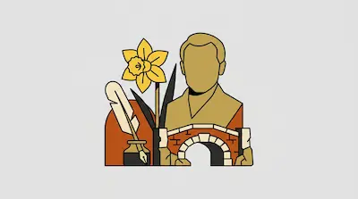 Flat illustration of a faceless man, a yellow daffodil, a quill pen with ink, and a stone bridge on a gray background