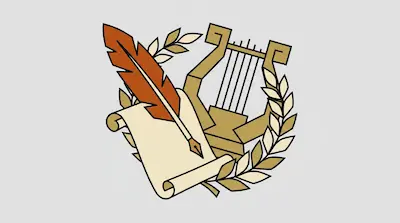 Flat illustration of a golden lyre, a parchment scroll, and an orange quill pen framed by laurel leaves