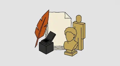 Flat illustration of a quill, inkwell, and paper next to a classical bust and a wooden figure on a grey background