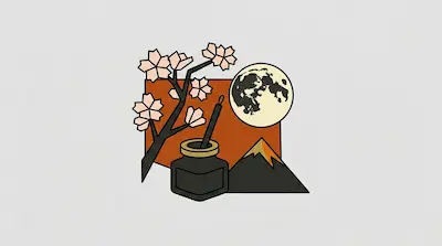 Flat illustration of a cherry blossom branch, an ink pot, a full moon, and a mountain peak on a grey background
