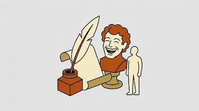 Flat illustration of a quill in an inkwell next to a scroll, a laughing bust, and a human figure on a gray background