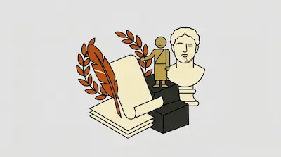 Flat illustration of a classical bust, a laurel branch, and a quill pen with parchment on a light gray background