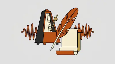 Flat illustration of a metronome, a quill pen, and a paper scroll over a sound wave on a light gray background