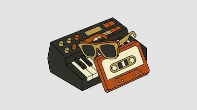 A synthesizer keyboard, a pair of sunglasses, and a cassette tape are arranged together in a stylized composition.