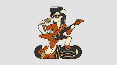 A stylized rock star with a pompadour and sunglasses sings into a microphone and plays an electric guitar while standing on a stack of vinyl records.