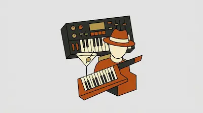 A stylized figure in a hat plays a keytar next to a synthesizer and a martini glass.