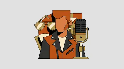 A faceless figure with a pompadour hairstyle wears a leather jacket and a cross earring, flanked by aviator sunglasses and a vintage microphone.