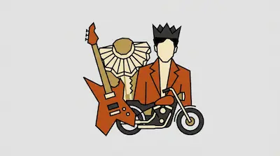 Flat illustration of a man wearing a crown, a red electric guitar, and a motorcycle on a light gray background