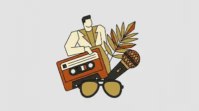 A man in a suit stands behind a large cassette tape, a microphone, a palm leaf, and aviator sunglasses.