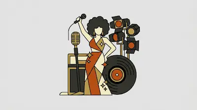 A singer with an afro holds a microphone, surrounded by a vintage microphone, an amplifier, a vinyl record, and stage lights.