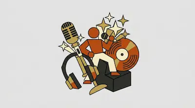 A stylized person holds a microphone while standing among a large vintage microphone, headphones, a vinyl record, and stars.