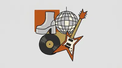 Flat illustration of a disco ball, a platform boot, a vinyl record, and an electric guitar on a light gray background