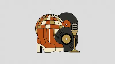 Flat illustration of a disco ball, platform boots, vinyl records, and a vintage microphone in warm retro tones.