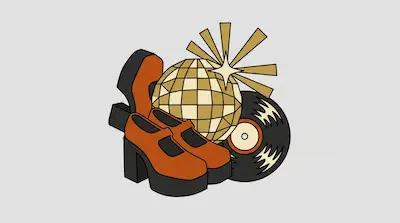 Flat illustration of orange platform shoes, a golden disco ball, and a vinyl record on a light grey background