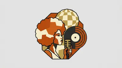 Flat illustration of a woman with an afro singing into a microphone with a vinyl record and disco ball in the background