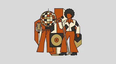 Flat illustration of a disco singer with an afro, a checkered disco ball, and a vintage microphone on a gray background