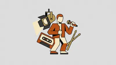 A person sings into a microphone, surrounded by a stage light, a cassette tape, and drumsticks.