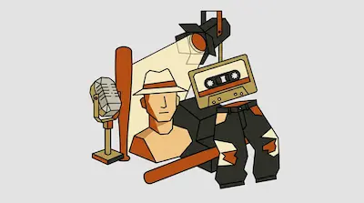 A collection of stylized objects including a vintage microphone, a baseball bat, a bust of a man in a fedora, a spotlight, a cassette tape, and ripped jeans.