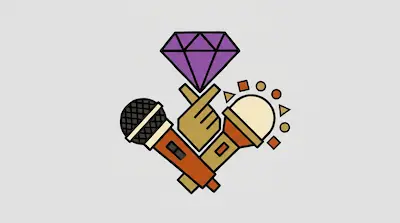 A purple diamond sits above a hand making a finger heart gesture, with two crossed microphones.