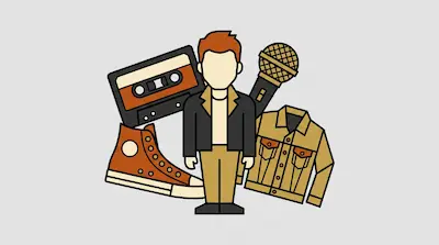 A stylized figure with red hair is surrounded by a cassette tape, a microphone, a high-top sneaker, and a denim jacket.