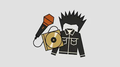 A microphone, a CD case, and a black jacket with spiky hair.