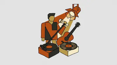 A person sings into a microphone under a spotlight, surrounded by a guitar and two record players.