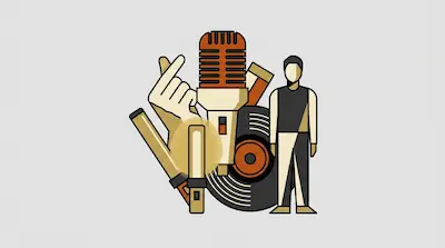 Flat illustration of a vintage microphone, a vinyl record, and a human figure in a minimalist graphic style