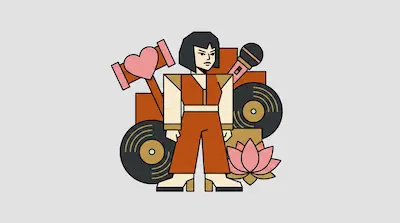 Flat illustration of a woman in orange surrounded by vinyl records, a pink lotus flower, and a heart mallet
