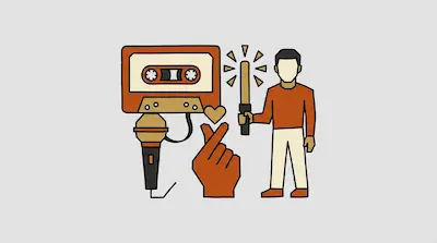 Flat illustration of a man holding a light stick next to a cassette tape, a microphone, and a finger heart gesture