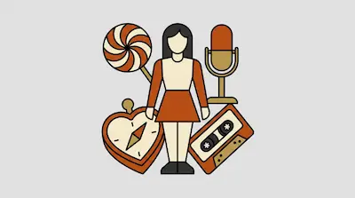 Flat illustration of a woman surrounded by a lollipop, a heart compass, a microphone, and a cassette tape.