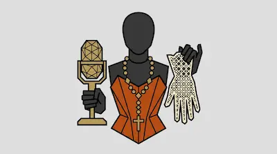 A stylized figure wearing an orange corset and a gold rosary holds a geometric microphone and a white lattice-patterned glove.