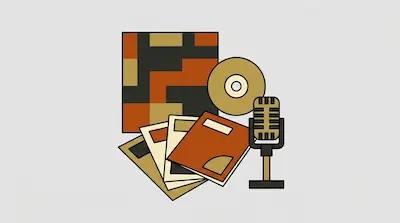 A vintage microphone, a disc, and a stack of papers are arranged in front of a square geometric pattern.