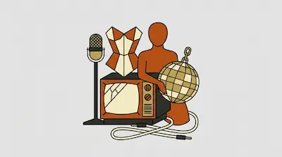 A microphone, a corset, a faceless figure, a disco ball, and a vintage television with a cracked screen.