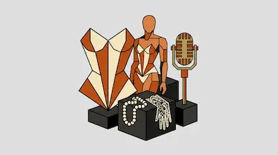 Stylized geometric objects including a corset, a mannequin, a vintage microphone, a pearl necklace, and a lace glove.