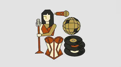 A figure holding a microphone stand next to a disco ball, a corset, and a stack of vinyl records.