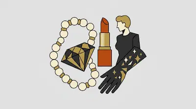 A pearl necklace, a faceted diamond, a tube of lipstick, and a person wearing a long black glove with gold stars.