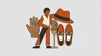 A stylized figure stands next to a microphone, surrounded by a large sequined glove, a fedora, and a pair of loafers.