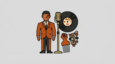 A man in a suit stands next to a vintage microphone, a vinyl record, and an afro pick.