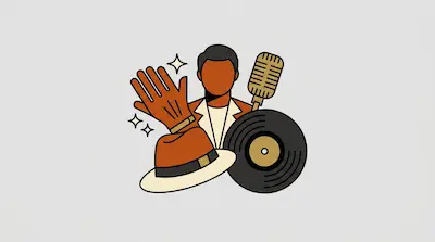 A stylized graphic of a figure's head and shoulders surrounded by a gloved hand, a fedora, a vintage microphone, and a vinyl record.