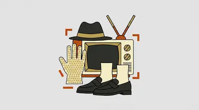 A black fedora sits atop a vintage television, flanked by a sequined glove and a pair of black loafers with white socks.