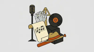A vintage microphone, a sequined glove, a vinyl record, sheet music, a fedora, and a baseball bat are grouped together.