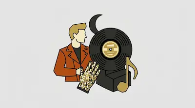 A man in a brown jacket stands next to a large vinyl record, a gold musical note, and a hand wearing a gold-patterned glove.
